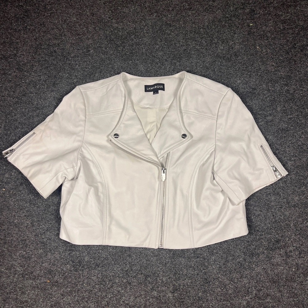Lamarque Leather Jacket White Large Lambskin Cropped Kirsi Zip Short Sleeve Moto